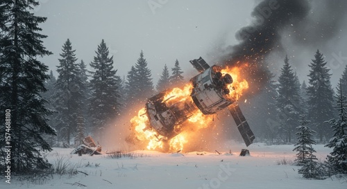 Fiery aftermath of satellite collision amidst snowy woodland scenery a dramatic technological