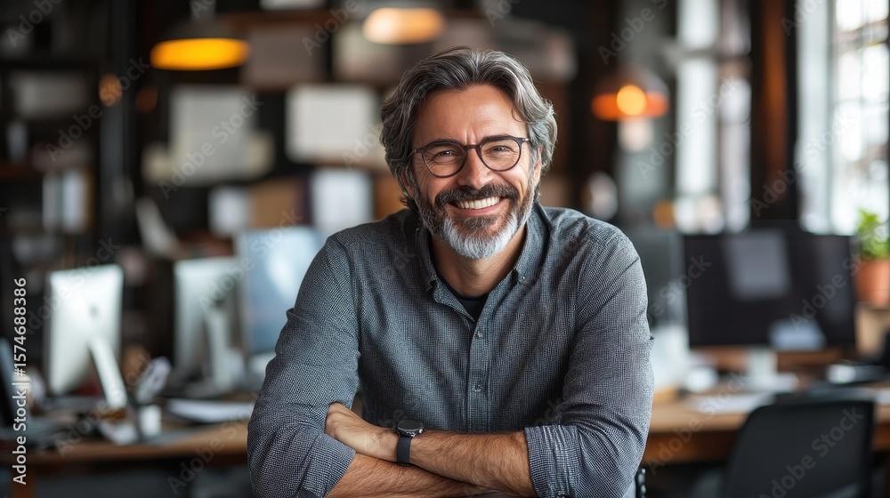 Fototapeta premium Happy Smiling Man with Glasses in Modern Office Environment