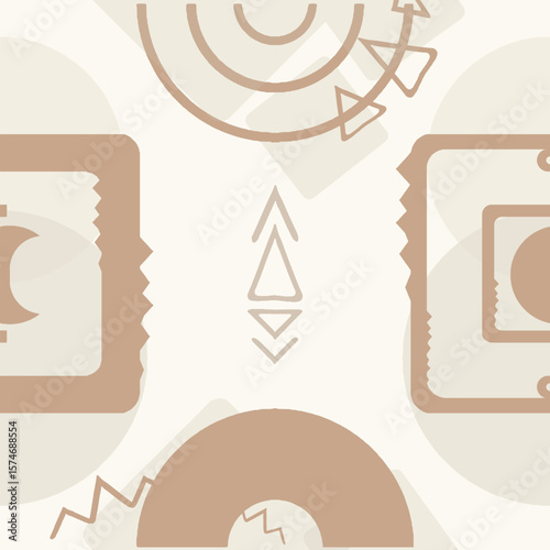 Boho and minimal seamless pattern with soft geometric forms in Muted Clay, Ivory Cream, and Sand Beige. A warm modern vector design with clean aesthetic and abstract appeal.