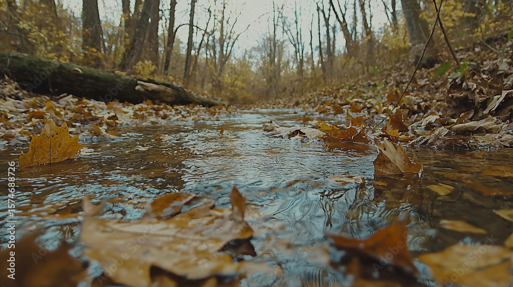 Obraz premium Autumn stream, fallen leaves floating on shallow, clear water