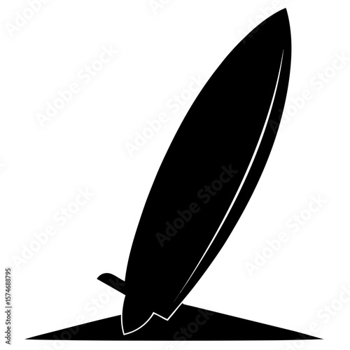 Clean black silhouette of a surfboard leaning against a wall or surface