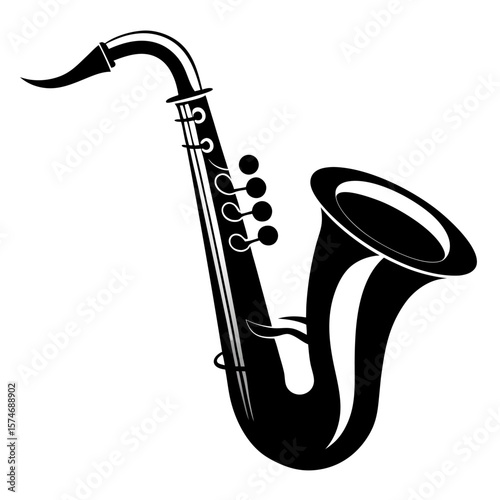 Elegant black silhouette of a saxophone with a subtle curved musical note element