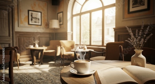 Wallpaper Mural Cozy Cafe Ambiance with Steaming Coffee and Open Book Torontodigital.ca