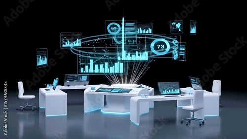 Modern AI workspace featuring holographic displays and data analytics in a sleek, futuristic environment