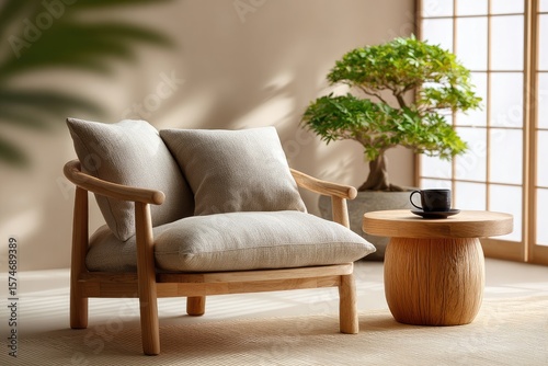 Light beige wooden armchair and round coffee table in a peaceful room.