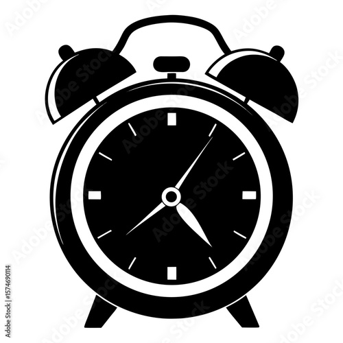 Simple black silhouette of a classic alarm clock with a round face and bells