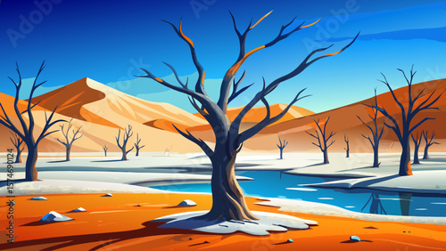 Dead Vlei, Namibia – White clay pan holds ghostly camelthorn skeletons beneath orange dunes and deep blue sky for surreal beauty.