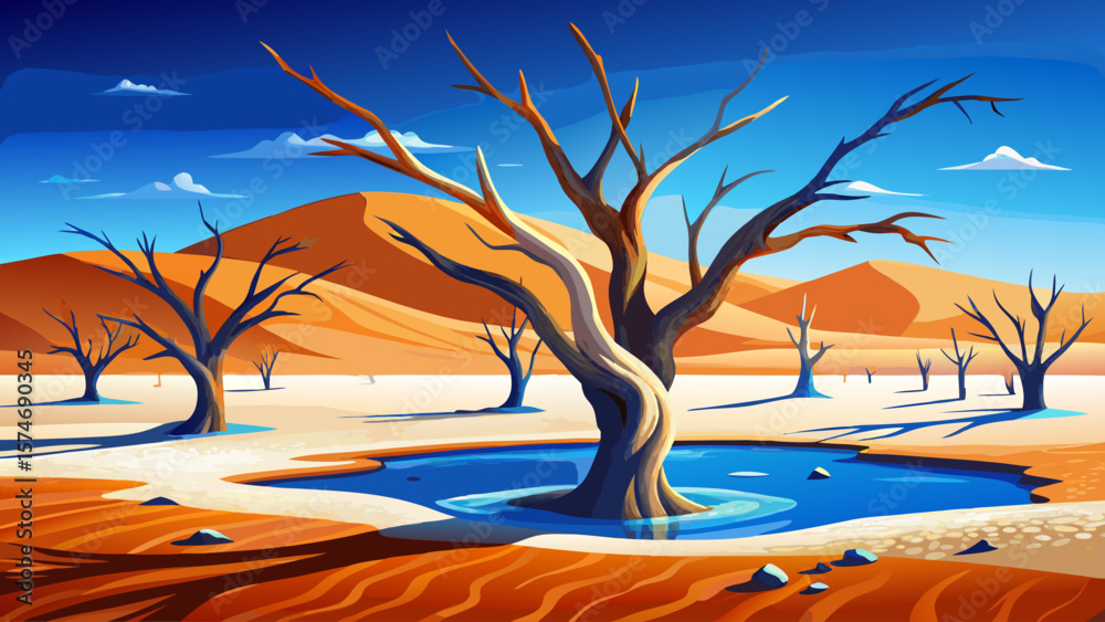 Dead Vlei, Namibia – White clay pan holds ghostly camelthorn skeletons beneath orange dunes and deep blue sky for surreal beauty.