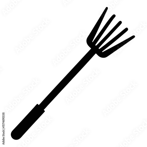 Simple black silhouette of a garden rake with a sturdy wooden handle isolated on a white background