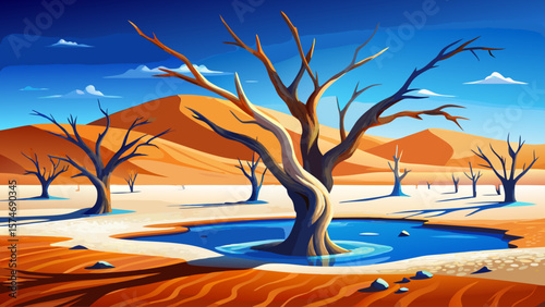 Dead Vlei, Namibia – White clay pan holds ghostly camelthorn skeletons beneath orange dunes and deep blue sky for surreal beauty.