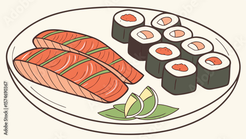 Fresh salmon sushi rolls with rice and chopsticks on a white plate, a healthy Japanese gourmet meal