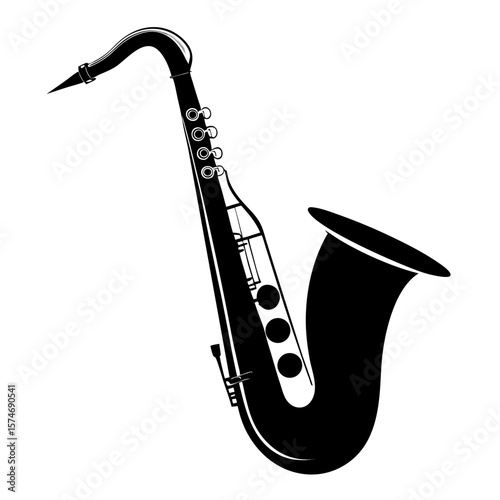 Classic black silhouette of a musical saxophone with realistic detailing and clean lines