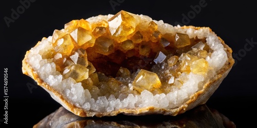 Citrine druse geometric patterns on dark black background , geode, mineral composition ,  geode