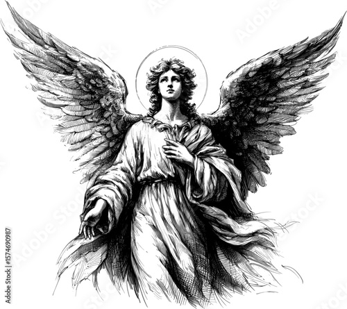 Celestial Glow: Angelic Light angel halo with wings linework vintage ink sketch hand drawn pen drawing illustration background vector