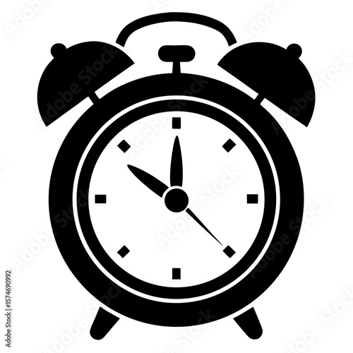 Simple black silhouette of a classic alarm clock with a bold timeless design