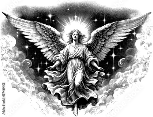 Beyond the Clouds: Angelic Aura angel halo with wings linework vintage ink sketch hand drawn pen drawing illustration background vector