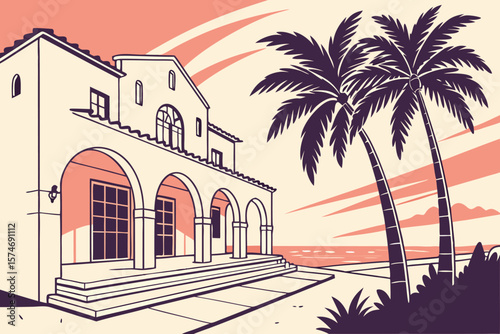 Illustration of a coastal villa with arched doorways and palm trees against a sunset sky scene