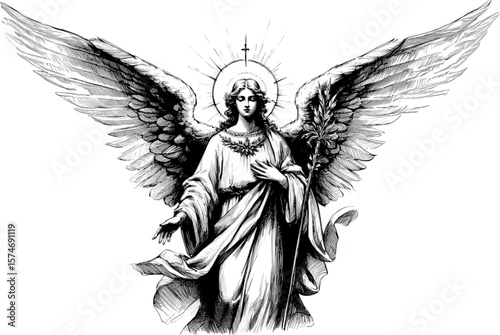 Luminous Spirit: A Heavenly Vision angel halo with wings linework vintage ink sketch hand drawn pen drawing illustration background vector