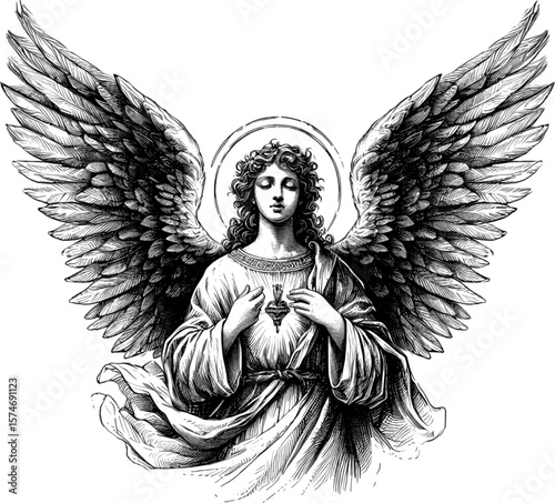 Golden Halo, Sacred Light angel halo with wings linework vintage ink sketch hand drawn pen drawing illustration background vector