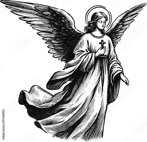 Holy Radiance: Wings of Fire angel halo with wings linework vintage ink sketch hand drawn pen drawing illustration background vector