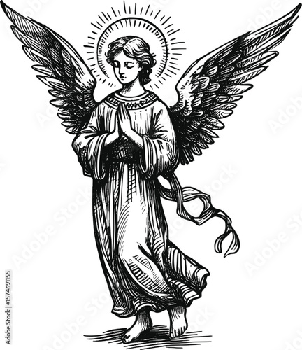 Heaven’s Warrior: Blazing Halo angel halo with wings linework vintage ink sketch hand drawn pen drawing illustration background vector