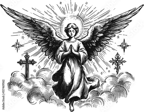 Ascended Light: The Angel’s Crown angel halo with wings linework vintage ink sketch hand drawn pen drawing illustration background vector