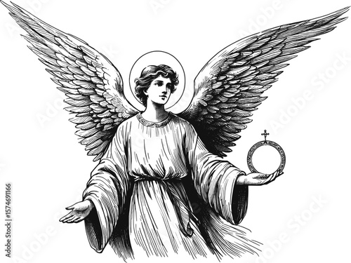 Gentle Angel: A Halo’s Kiss angel halo with wings linework vintage ink sketch hand drawn pen drawing illustration background vector