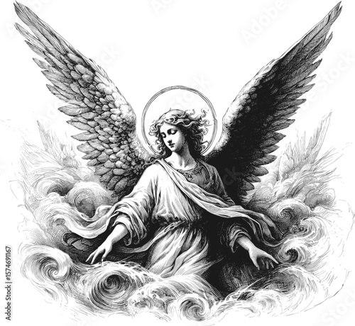 Dreams of Divinity: Angel’s Glow angel halo with wings linework vintage ink sketch hand drawn pen drawing illustration background vector