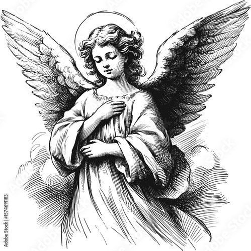 Divine Protector: Light Unbroken angel halo with wings linework vintage ink sketch hand drawn pen drawing illustration background vector