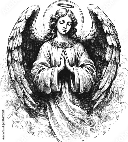 The Watcher: A Halo in the Dark angel halo with wings linework vintage ink sketch hand drawn pen drawing illustration background vector