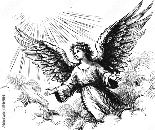 Soft Glow, Heavenly Touch angel halo with wings linework vintage ink sketch hand drawn pen drawing illustration background vector