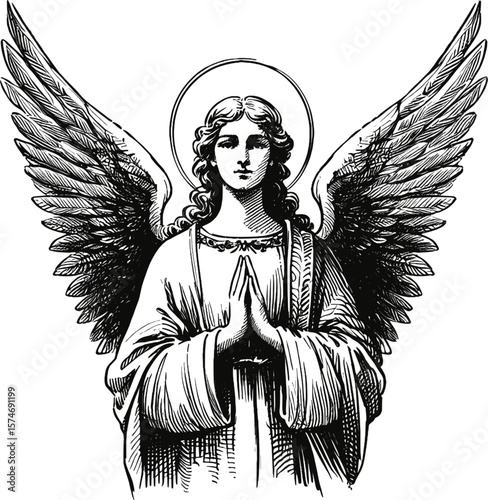 Falling Light: Angel’s Lullaby angel halo with wings linework vintage ink sketch hand drawn pen drawing illustration background vector