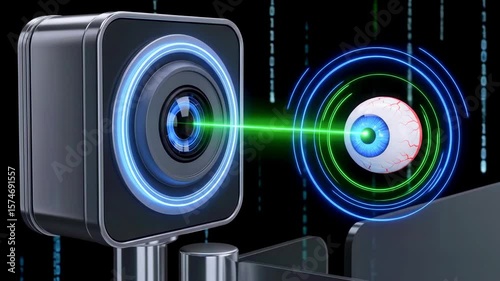 High-tech camera lens focusing on a digital eye, showcasing advanced surveillance technology