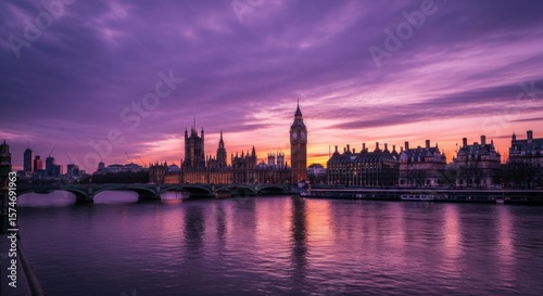 Iconic London Skyline at Dusk with Big Ben and River Thames