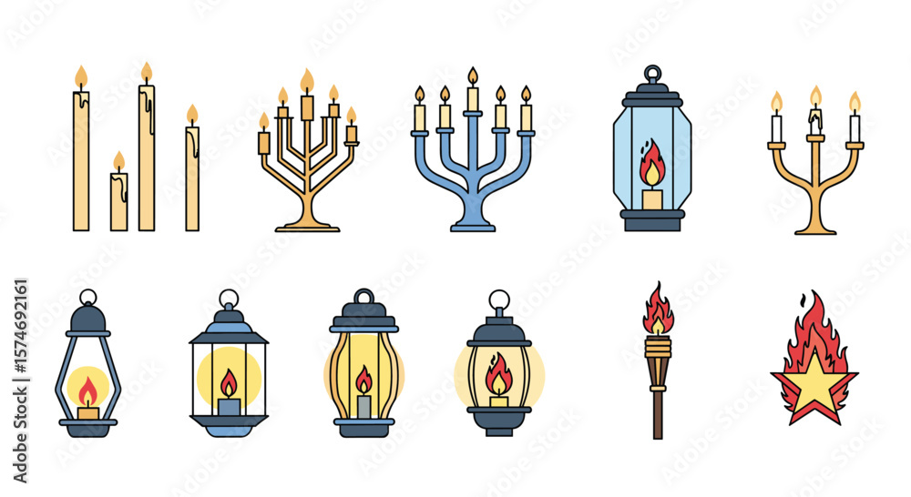 Fototapeta premium Collection of lighting devices featuring flames and candles for religious and festive celebrations