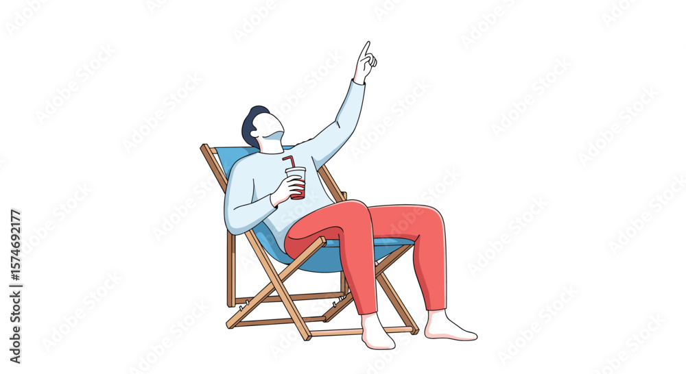 Fototapeta premium A person relaxing in a deck chair with a drink enjoying a sunny day pointing upwards with a smile