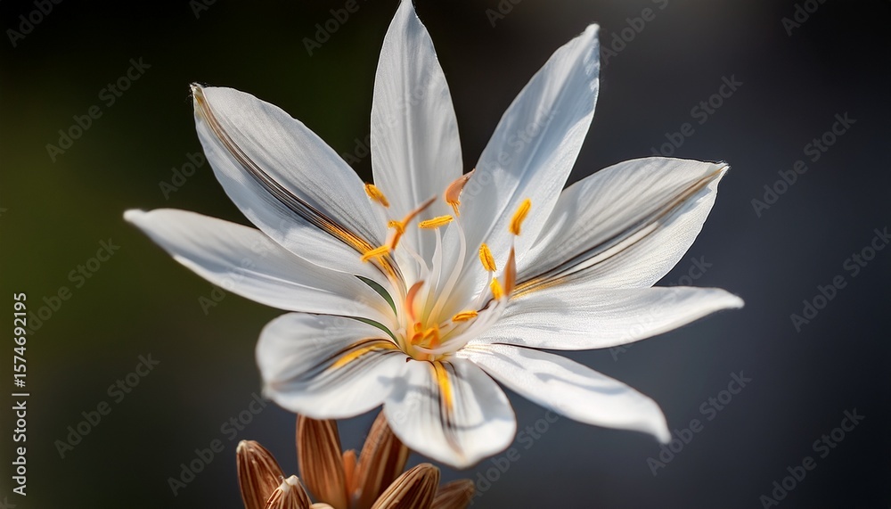 Fototapeta premium a close up photo of a white asphodelus albus flower with delicate petals and a sun kissed center