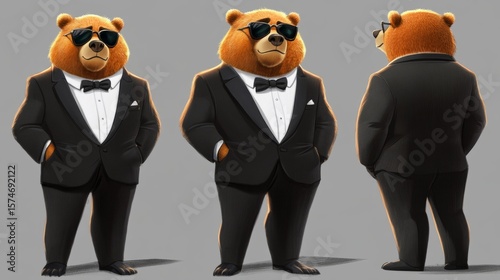 Grizzly bear, wearing a stylish tuxedo and sunglasses, full-body pose, dramatic expression, bodyguard concept. generative ai