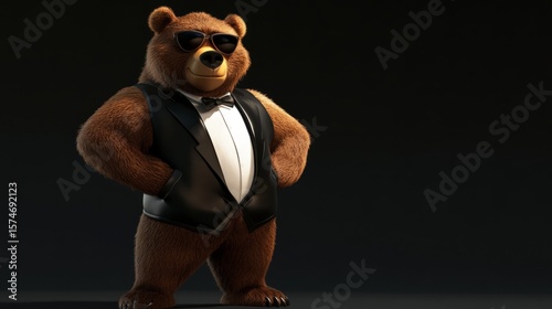 Grizzly bear, wearing a stylish tuxedo and sunglasses, full-body pose, dramatic expression, bodyguard concept. generative ai