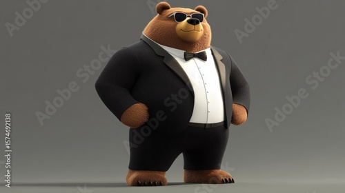 Grizzly bear, wearing a stylish tuxedo and sunglasses, full-body pose, dramatic expression, bodyguard concept. generative ai