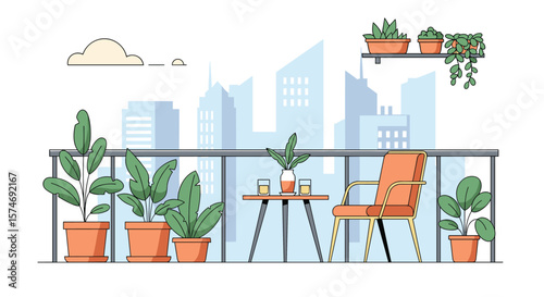 A serene city balcony oasis filled with lush green plants and comfortable seating against a modern cityscape backdrop