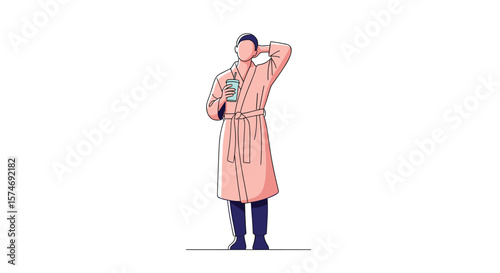 Young man in a robe holding a drink and stretching in the morning