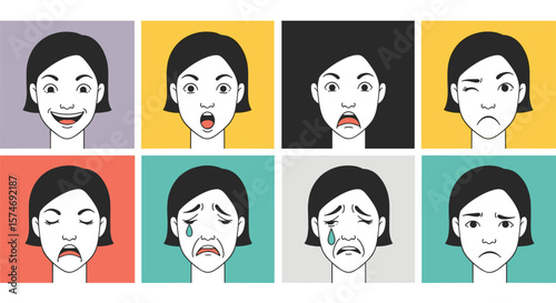 Collection of expressive female faces demonstrating a wide range of human emotions and feelings through detailed illustrations