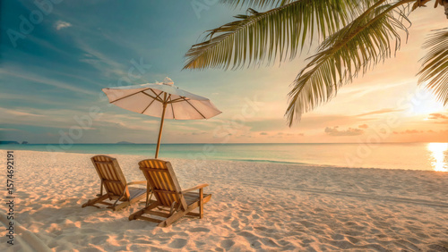 Tropical Beach Chairs with Umbrella under Palm Fronds on Sunny Summer Day