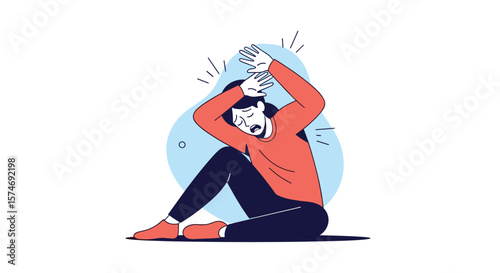 Anxiety personified fearful person hiding face arms over head feeling scared