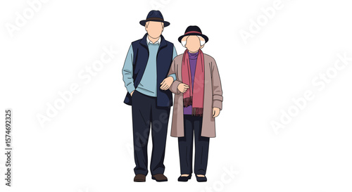 Elderly couple enjoying a leisurely stroll together while arm in arm wearing hats and warm coats