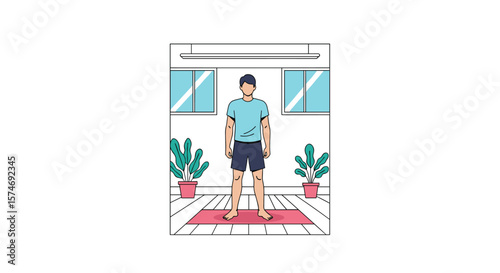 A fit man standing in a room with plants and windows ready for exercise on a yoga mat