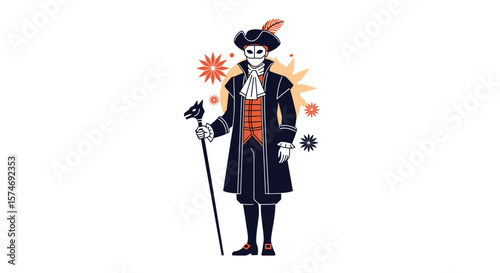 A mysterious gentleman in historical attire with an ornate cane and celestial embellishments