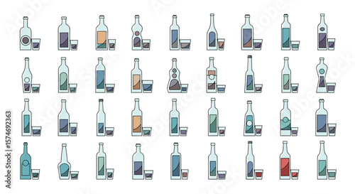 Collection of alcoholic beverage bottles and glasses in various shapes and colors displayed in a grid format