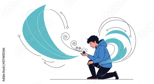 Young person contemplating small sphere amidst swirling blue energy patterns representing wind and water elements